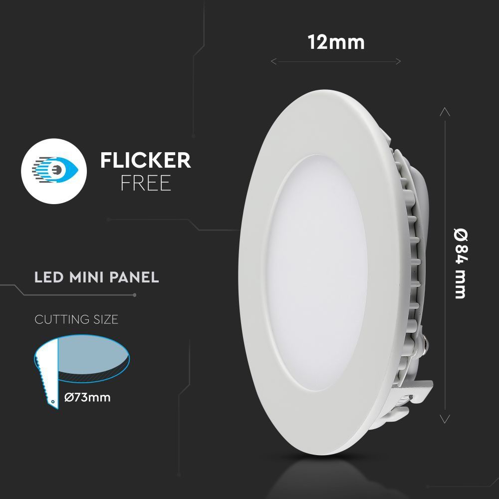 V-TAC VT-307 3W Round Recessed Flat LED Ceiling Slim Panel Spot Down Light 6400K Cool Daylight White IP20  Indoor Lighting