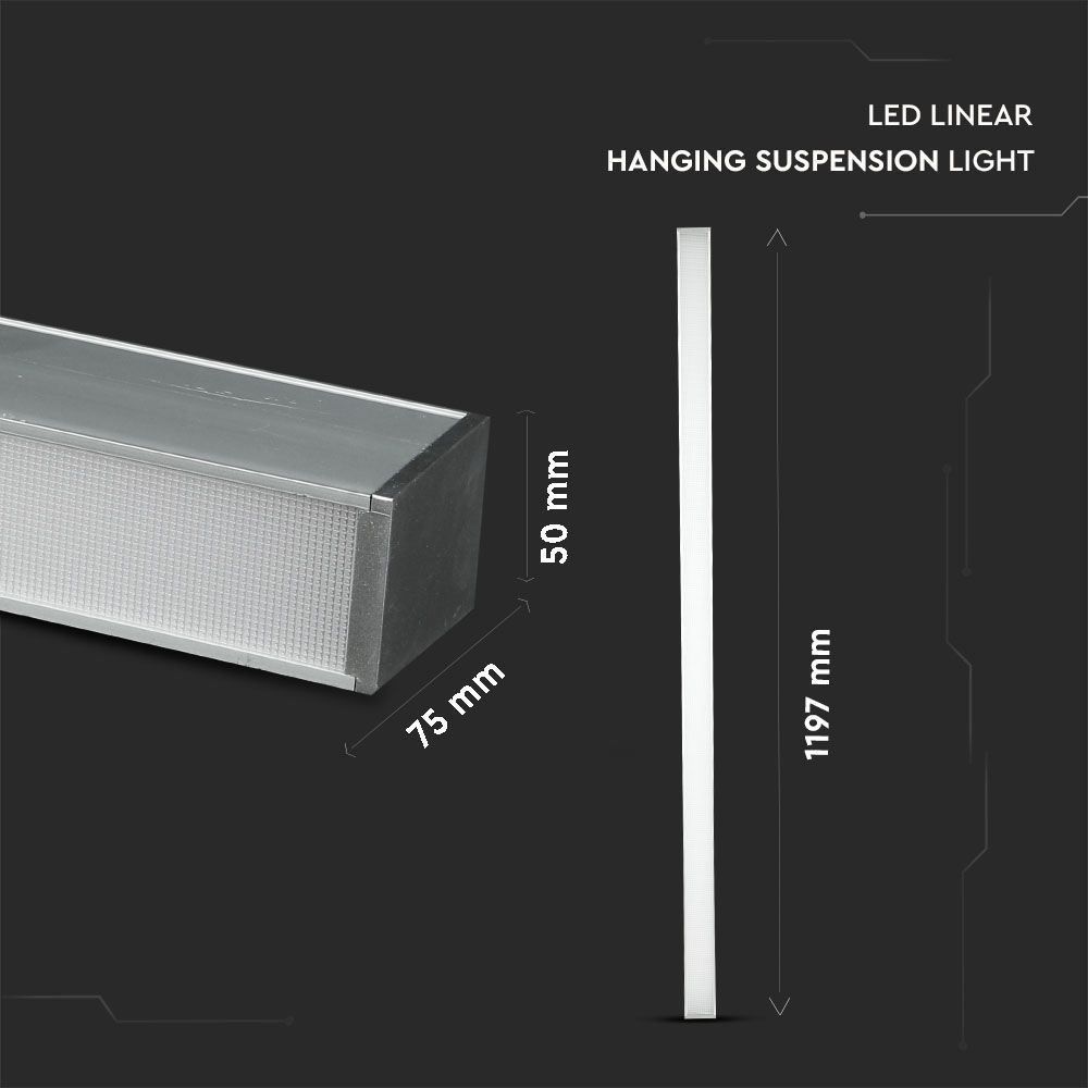 V-TAC 40W LED Linear Hanging Suspension Light - Samsung Chip - 4000K - Silver Body - Dimmable - Florescent Batten Replacement