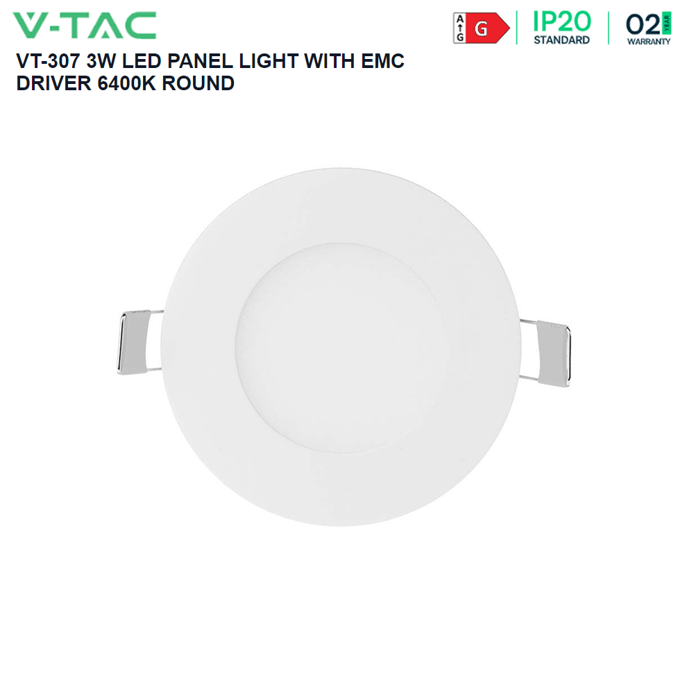 V-TAC VT-307 3W Round Recessed LED Ceiling Panel Light with EMC Driver 6400K Cool White Indoor Lighting