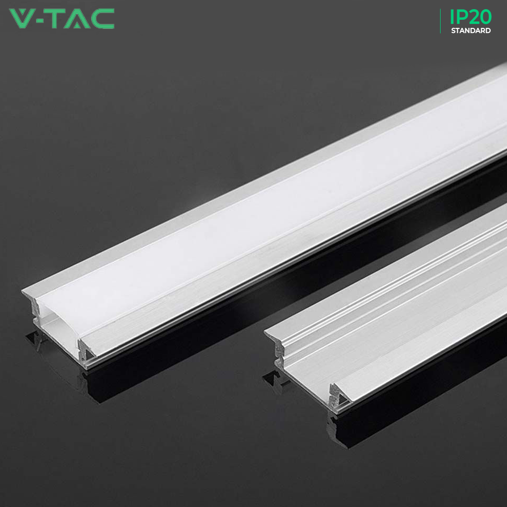 V-TAC VT-8156 2M Recessed LED Strip Tape Mounting Profile Silver Aluminum Housing Kit for Plaster Board with Diffuser - Under Cabinet Lighting