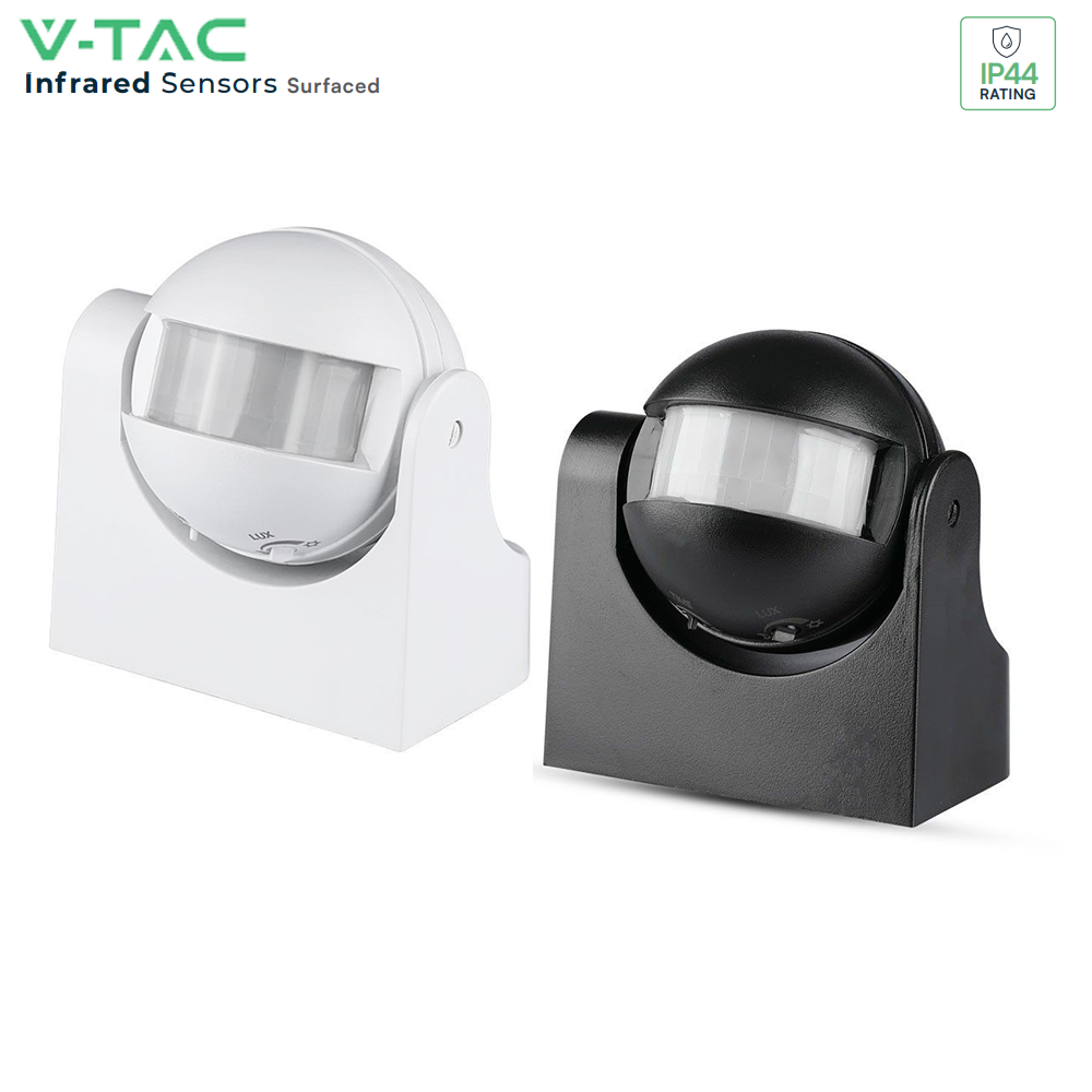 V-TAC VT-8003 180° PIR Motion Surface Mounted Detector Sensor, Waterproof IP44, 300W LED load, Adjustable, Indoor/Outdoor Black & White Options