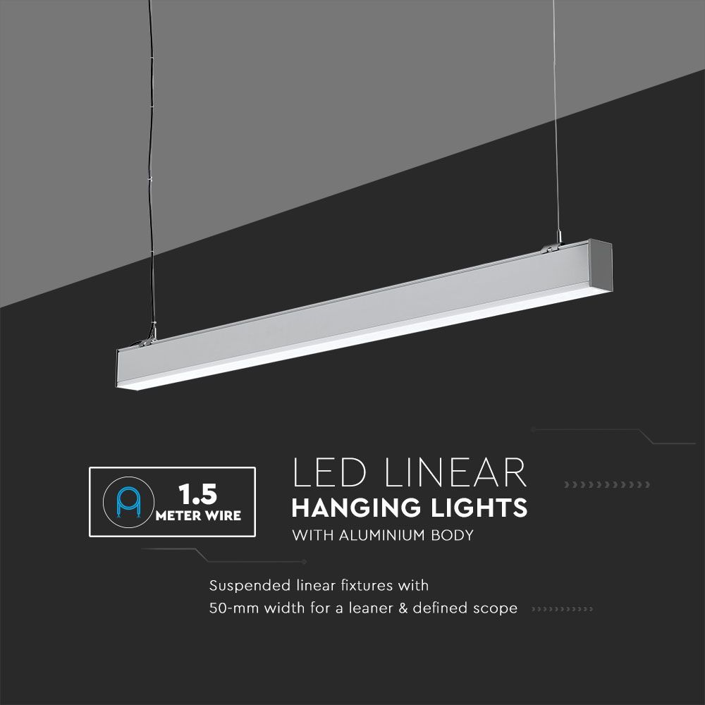 V-TAC 40W LED Linear Hanging Suspension Light - Samsung Chip - 4000K - Silver Body - Dimmable - Florescent Batten Replacement