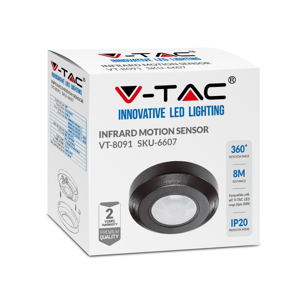 V-TAC VT-8091 360° PIR Infrared Motion Detector Surface-Mounted Ceiling Sensor with Black Body,200W LED Load IP20 Indoor