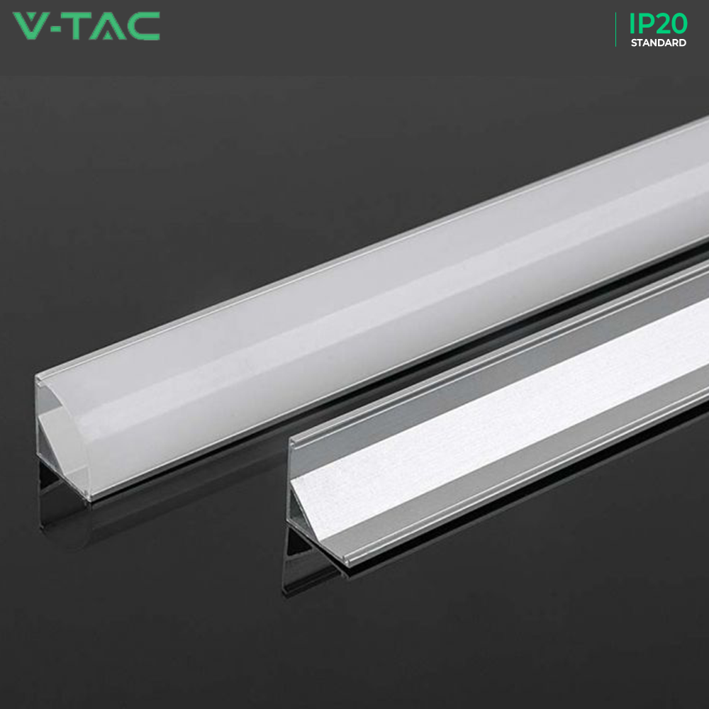 V-TAC VT-8158 2M Corner LED Strip Mounting Profile Silver Aluminum Housing Kit with Diffuser - Slim Aluminum Housing Kit for Plaster Board