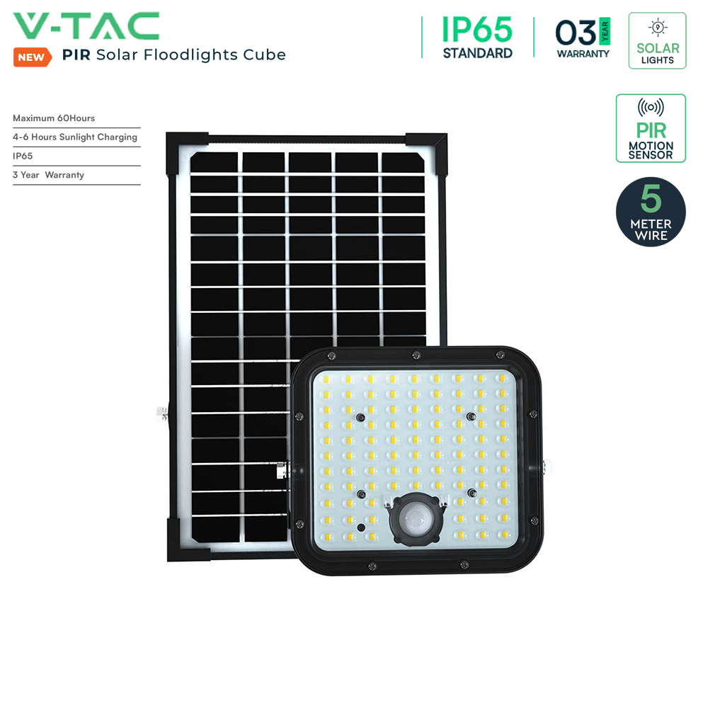 V-Tac VT-432 PIR Motion Sensor 30W Outdoor IP65 LED Solar Floodlight Cube -5m Wire- Waterproof, 4000K/6400K Black Body