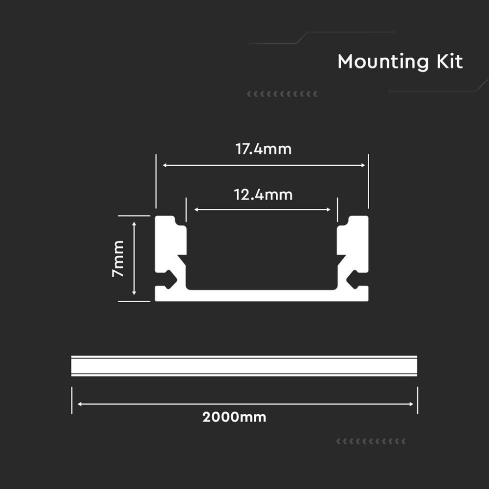 V-TAC VT-8157 2M Recessed LED Strip Tape Mounting Profile Silver Aluminum Housing Kit with Diffuser - 12.4mm Inner Width - Under Cabinet & Accent Lighting