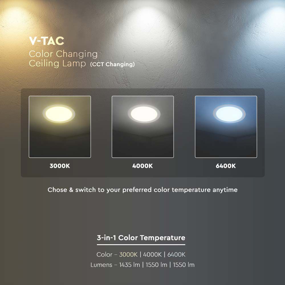 V-TAC LED Recessed 3-in-1 CCT Switchable Mini Panel 3W to 24W - with Colour Temperature Options - Round Design - Non-Dimmable Driver Included