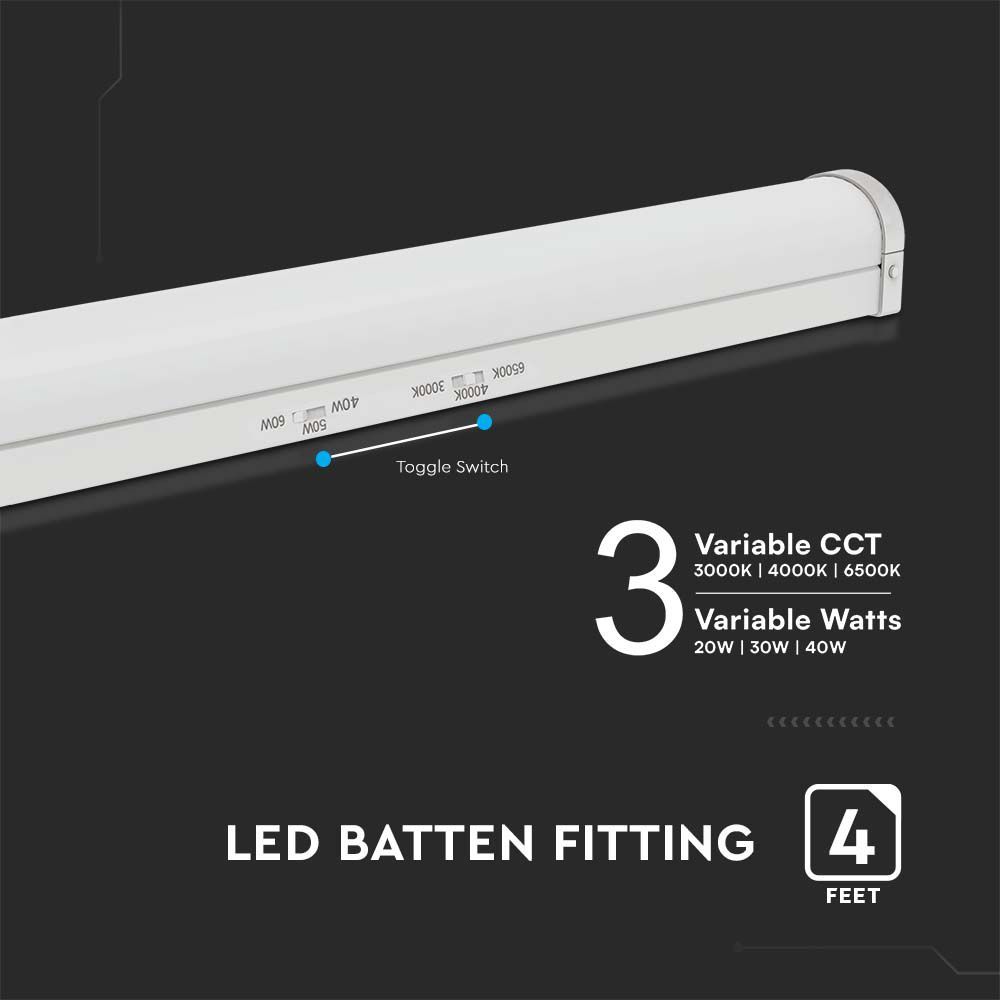 V-TAC VT-4004  LED Batten Fitting Samsung Chip - CCT 3-in-1 - 135lm/W - Sensor & Emergency Battery Options- Multi Wattage