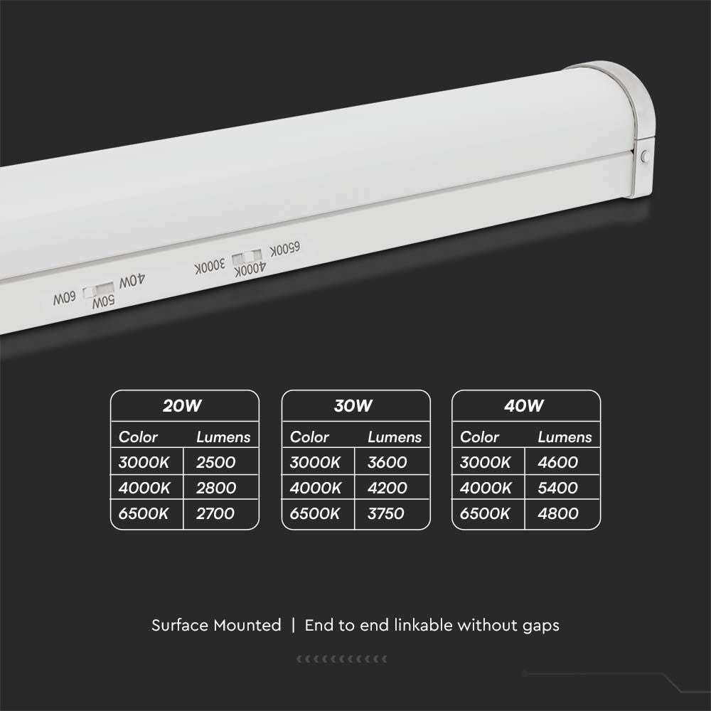 V-TAC VT-4004  LED Batten Fitting Samsung Chip - CCT 3-in-1 - 135lm/W - Sensor & Emergency Battery Options- Multi Wattage