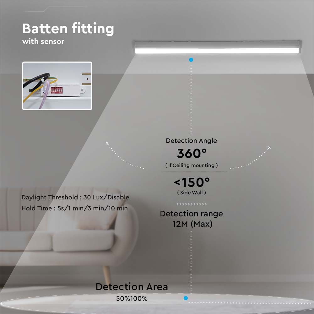 V-TAC VT-4004  LED Batten Fitting Samsung Chip - CCT 3-in-1 - 135lm/W - Sensor & Emergency Battery Options- Multi Wattage