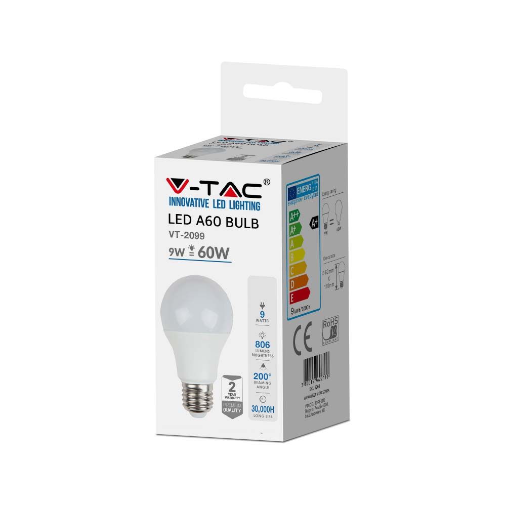 VTAC VT-2099 9W LED A60 Thermoplastic Light Bulb , E27 Base, 6400K, Non-Dimmable Pack of 3