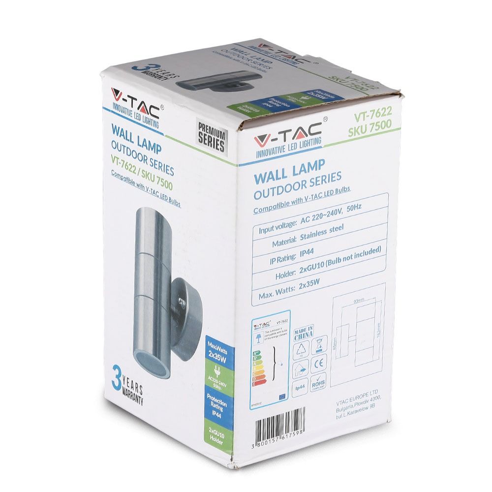 V-TAC VT-7622 IP44 2-Way GU10 Up-Down Wall Fitting Light - Stainless Steel, Max 70W