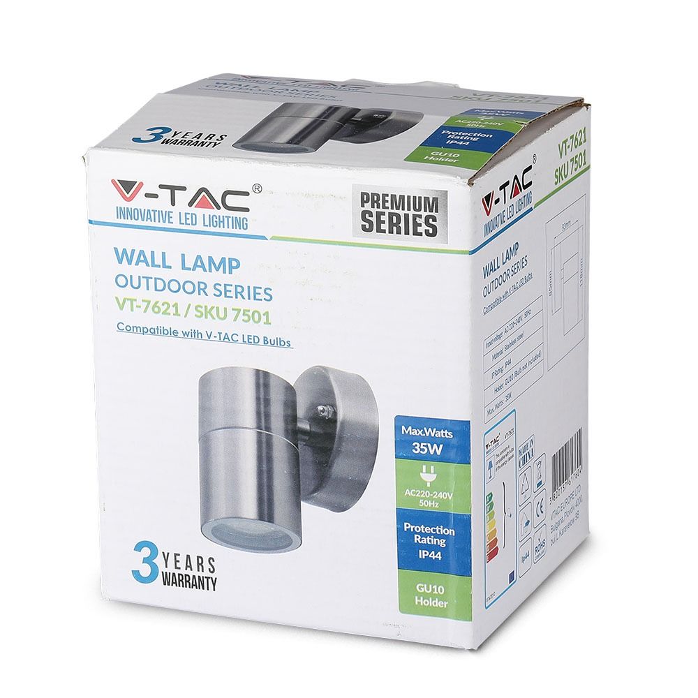 V-TAC VT-7621 IP44 Indoor 1-Way GU10 Wall Fitting - Stainless Steel,  Max 35W