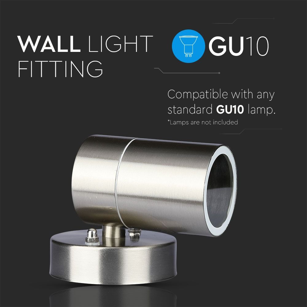 V-TAC VT-7621 IP44 Indoor 1-Way GU10 Wall Fitting - Stainless Steel,  Max 35W