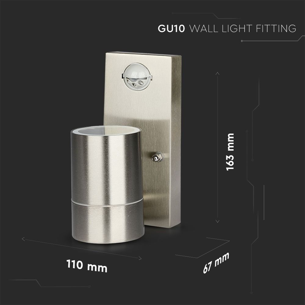 V-TAC VT-7621 PIR Motion Sensor IP44 GU10 Stainless Steel Wall Fitting - Max 35W