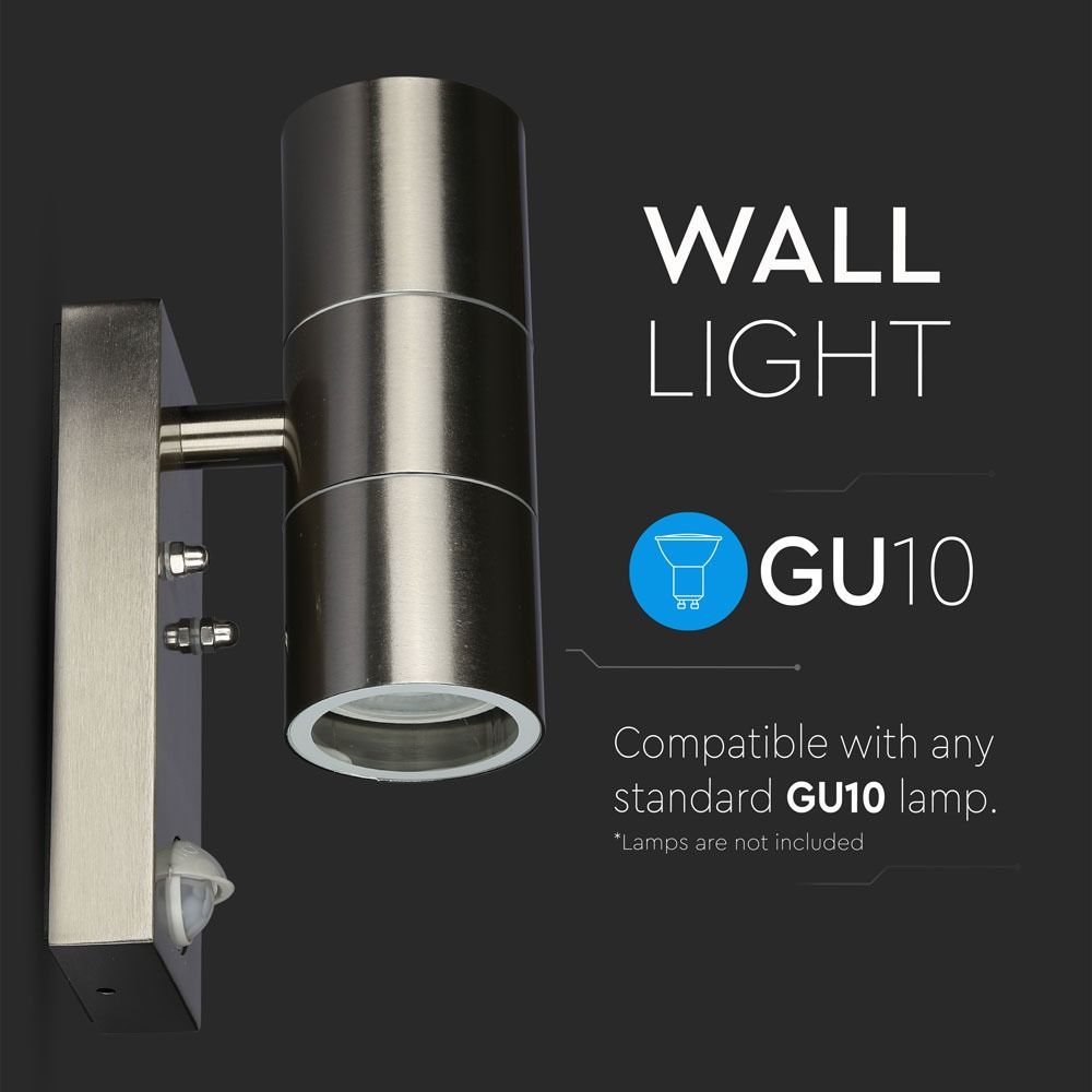 V-TAC VT-7622 PIR Motion Sensor IP44 Waterproof Outdoor 2-Way GU10 Stainless Steel Wall Fitting light, Max 70W