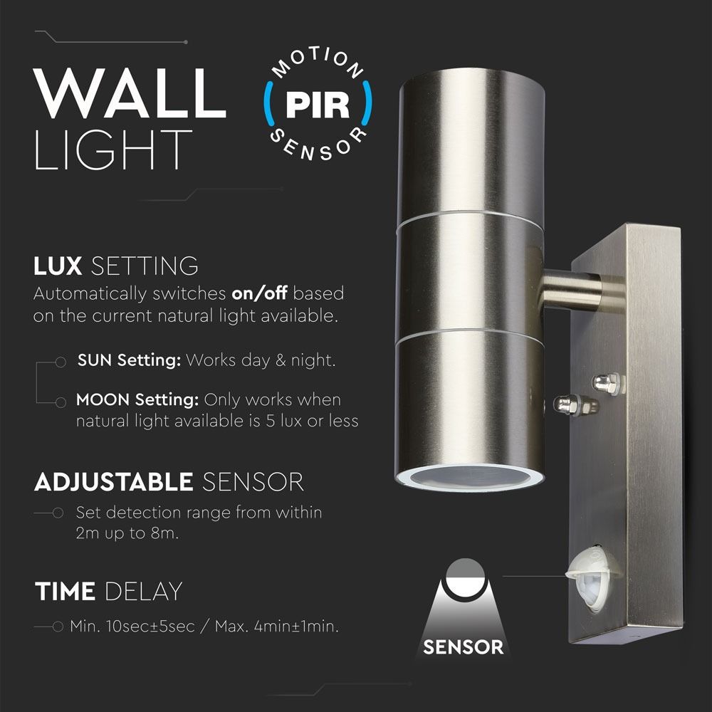 V-TAC VT-7622 PIR Motion Sensor IP44 Waterproof Outdoor 2-Way GU10 Stainless Steel Wall Fitting light, Max 70W