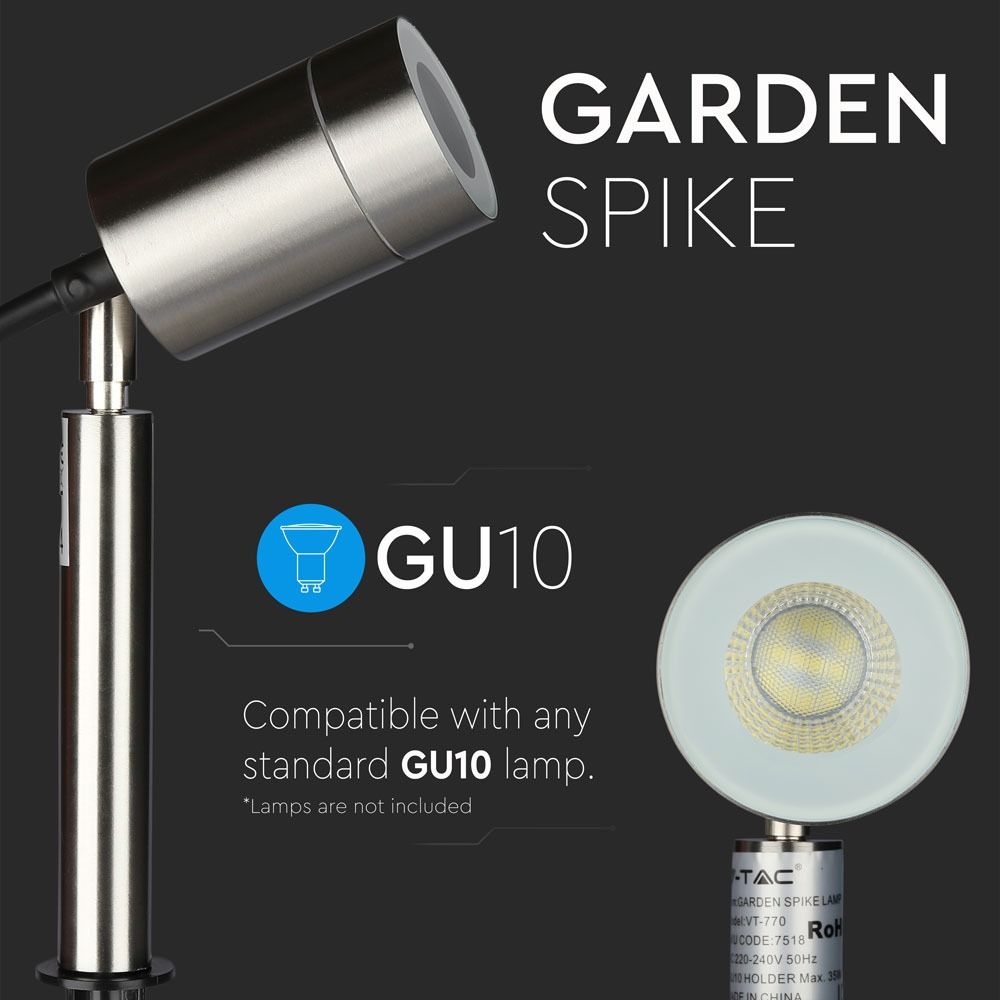 V-TAC VT-770 IP44 GU10 Outdoor Garden Spike Fitting  Ground Mounted Waterproof Light Fitting - Stainless Steel Body, Max 35W