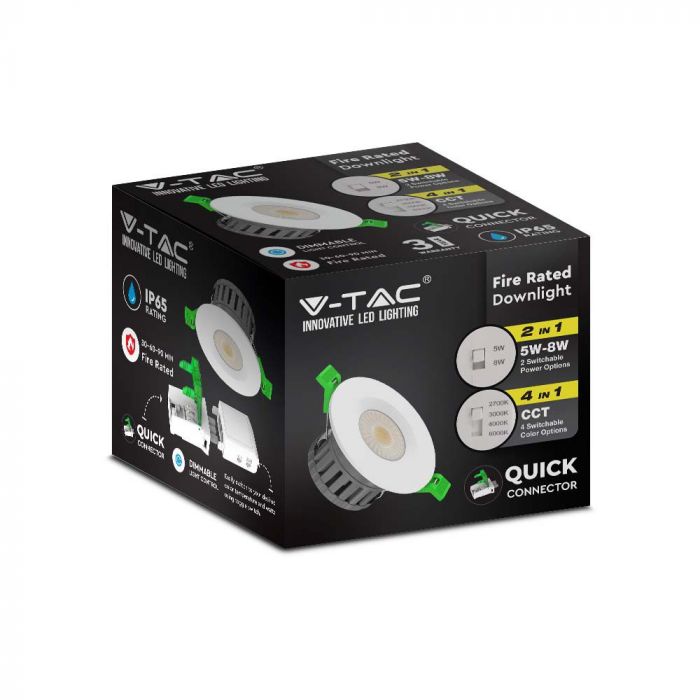 V-Tac Dual Wattage 5W 8W Universal IP65 LED Fire Rated Downlight Dimmable CCT - All in 1 Light