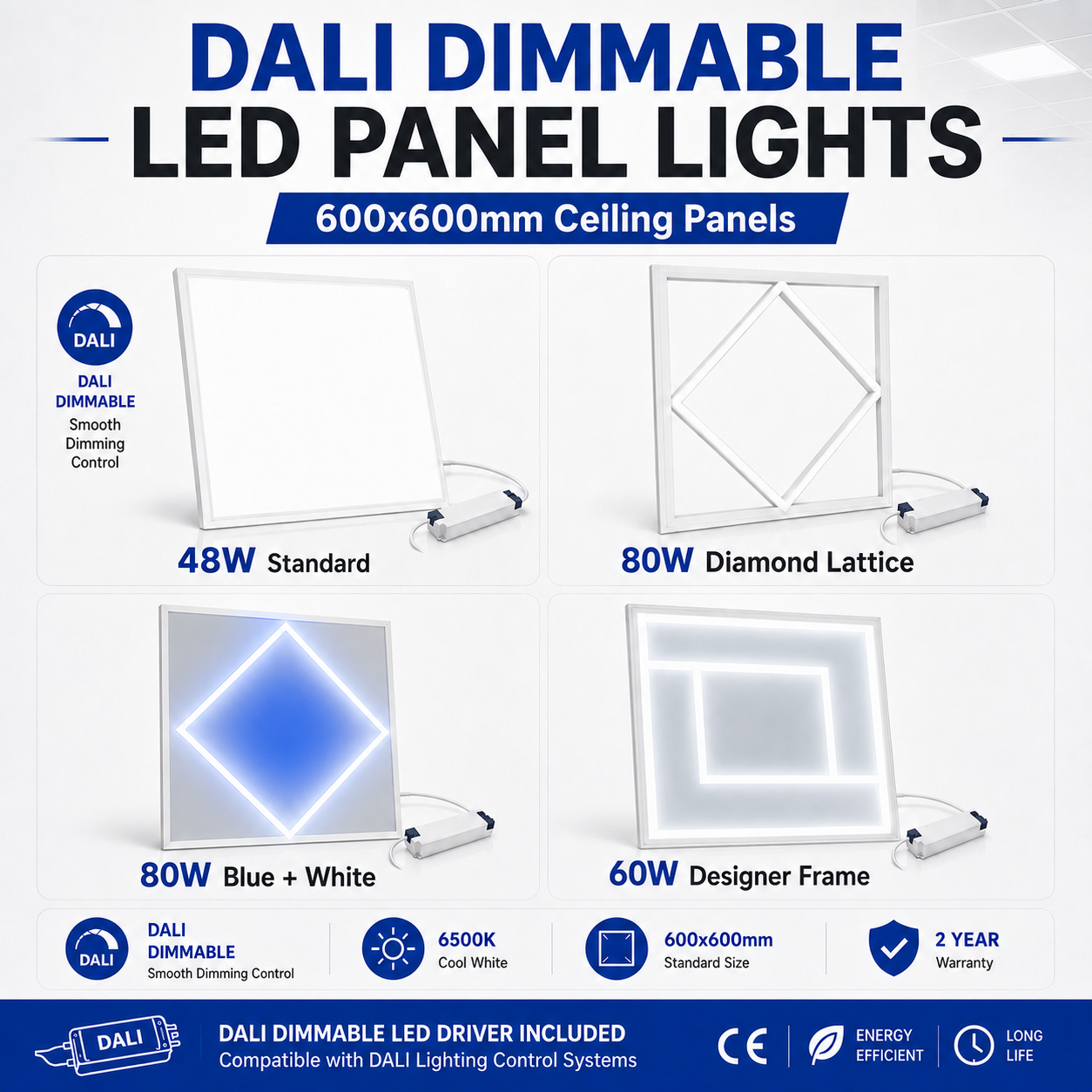 DALI Dimmable Designer 600x600 LED Ceiling Panels – Commercial Grid Lights