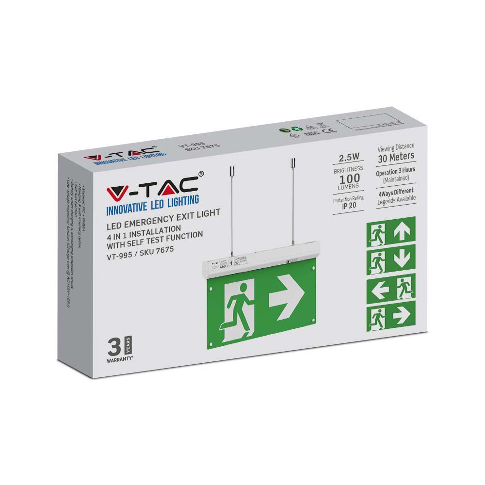 V-Tac VT-995 4-in-1 Emergency Exit Light with Self-Test Button – RF Control – 6000K