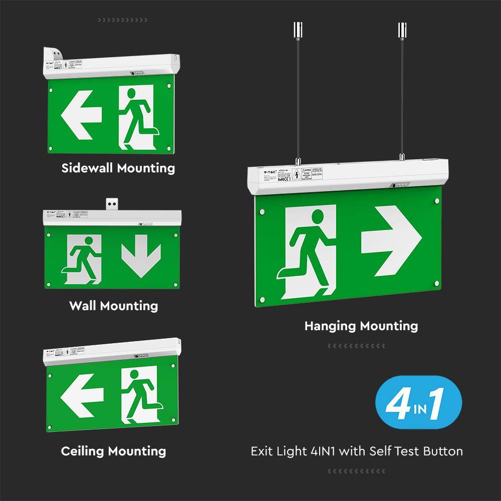 V-Tac VT-995 4-in-1 Emergency Exit Light with Self-Test Button – RF Control – 6000K