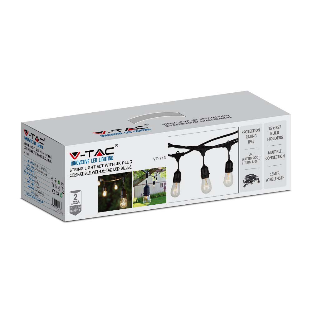 V-TAC VT-713 IP65 15x E27 LED STRING LIGHT WITH BS PLUG AND WP SOCKET