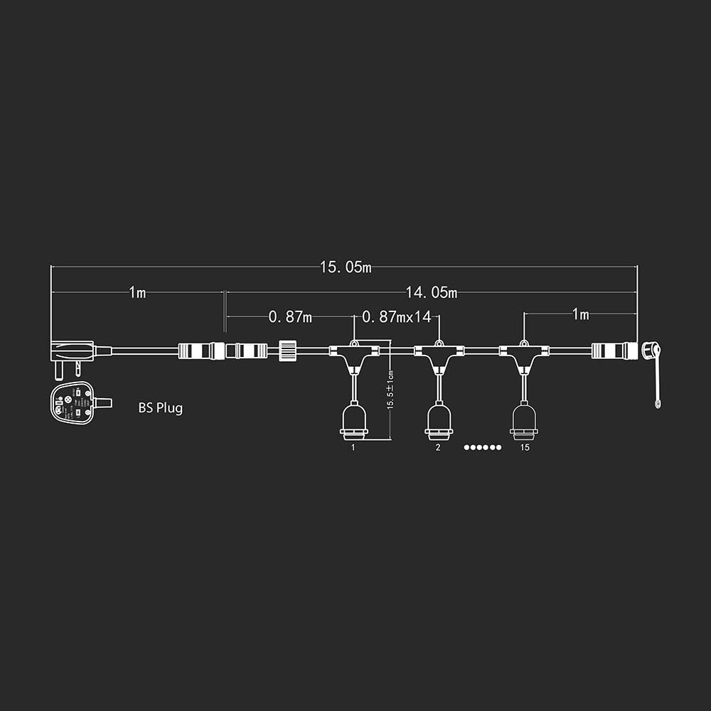 V-TAC VT-713 IP65 15x E27 LED STRING LIGHT WITH BS PLUG AND WP SOCKET