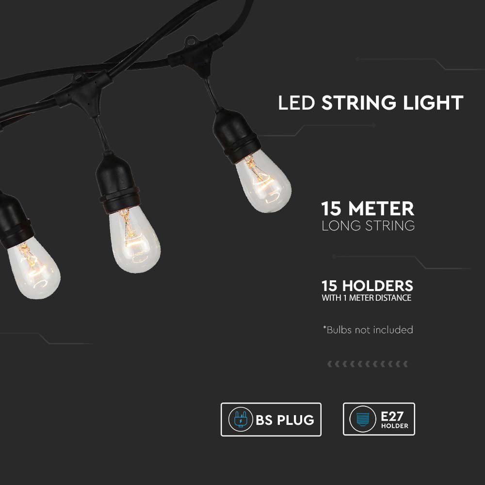 V-TAC VT-713 IP65 15x E27 LED STRING LIGHT WITH BS PLUG AND WP SOCKET