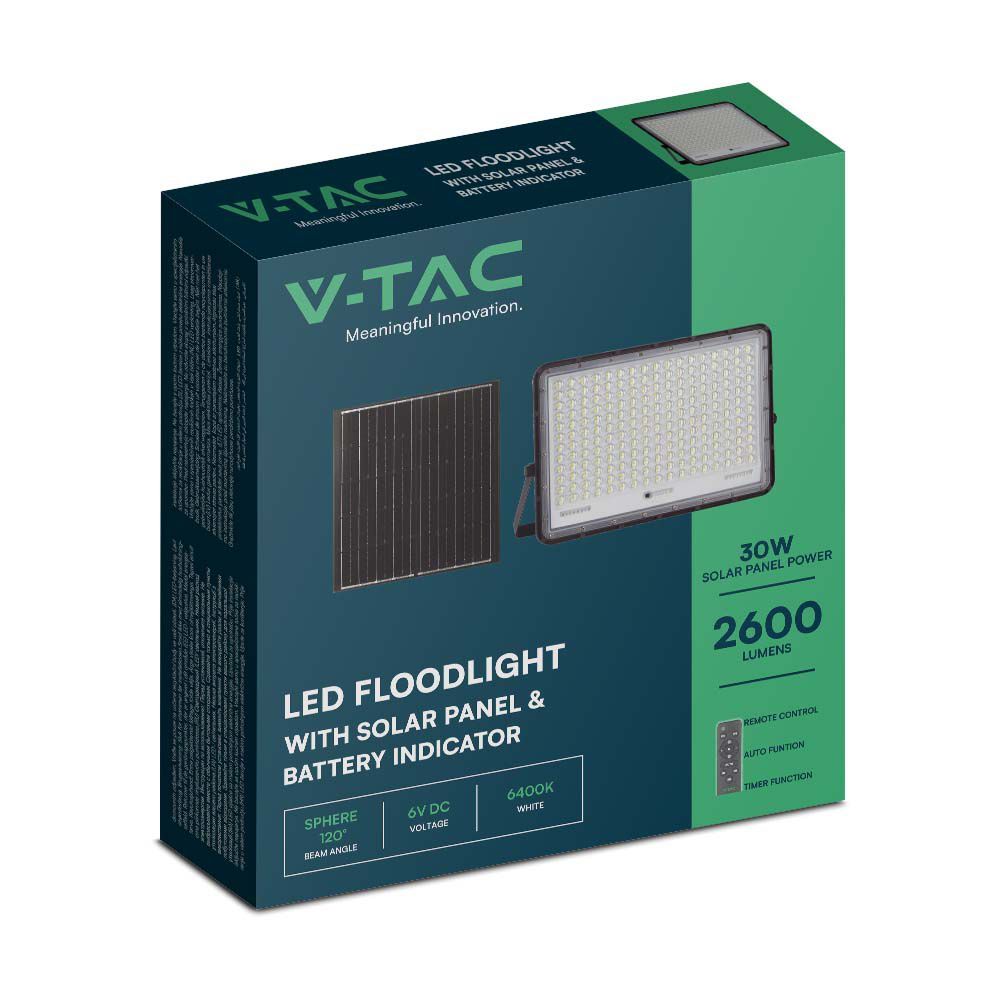 V-TAC VT IP65 Fast Charge Solar LED Floodlight With Smart IR Remote – Waterproof & Multi Wattage - Black Body