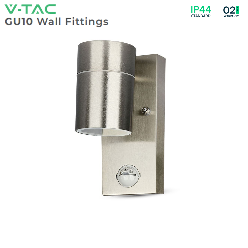 V-TAC VT-7621 PIR Motion Sensor IP44 GU10 Stainless Steel Wall Fitting - Max 35W