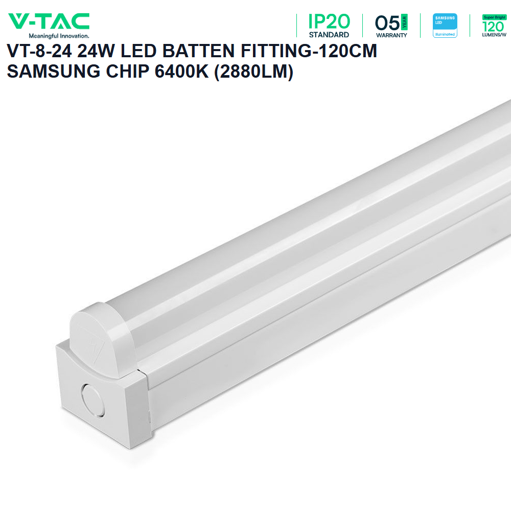 VTAC VT-8-24 24W LED Tube Batten Fitting 4ft - 6400K, Cool White, Garage Workshop Warehouse Lighting