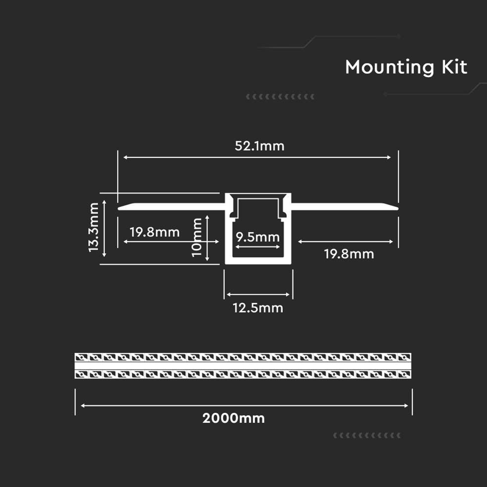 V-TAC VT-8102 2M Recessed LED Strip Tape Mounting Profile Silver Aluminum Housing Kit for Plaster Board with Diffuser - 9.5mm Inner Width - Indoor Lighting Accessory