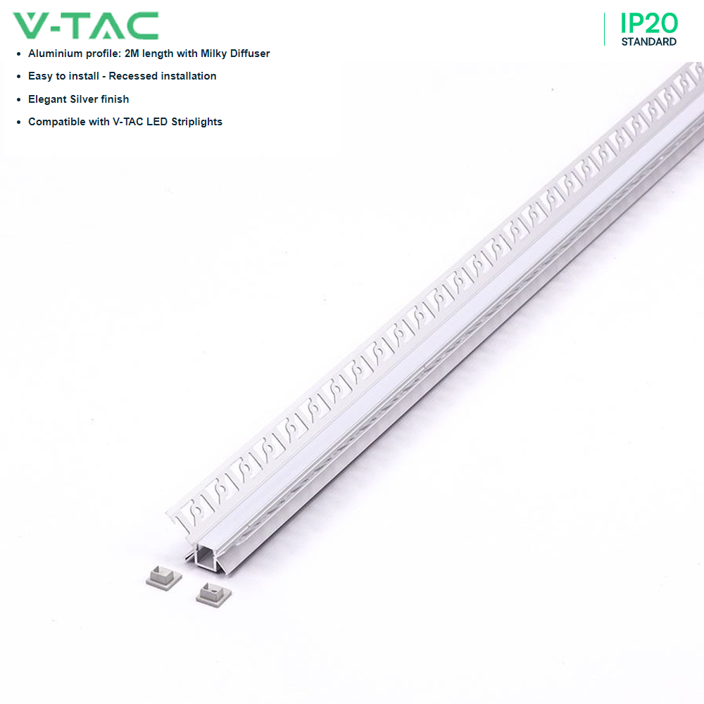 V-TAC VT-8104 2M Recessed LED Strip Tape Corner Mounting Profile Silver Aluminum Housing Kit for Plaster Board with Diffuser - 9.5mm Inner Width Indoor Lighting Accessory