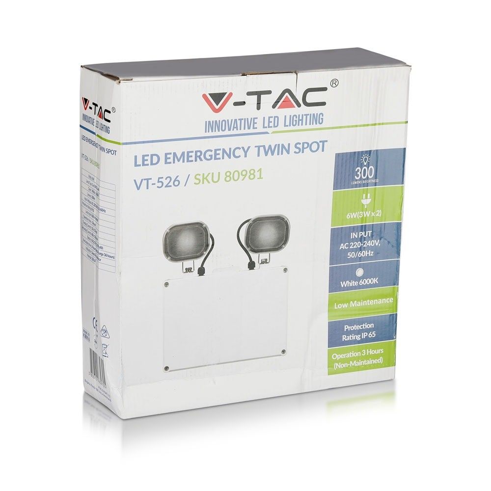 V-TAC VT-526 6W Maintained Emergency LED Twin Head Exit Light - 6000K IP65 Waterproof