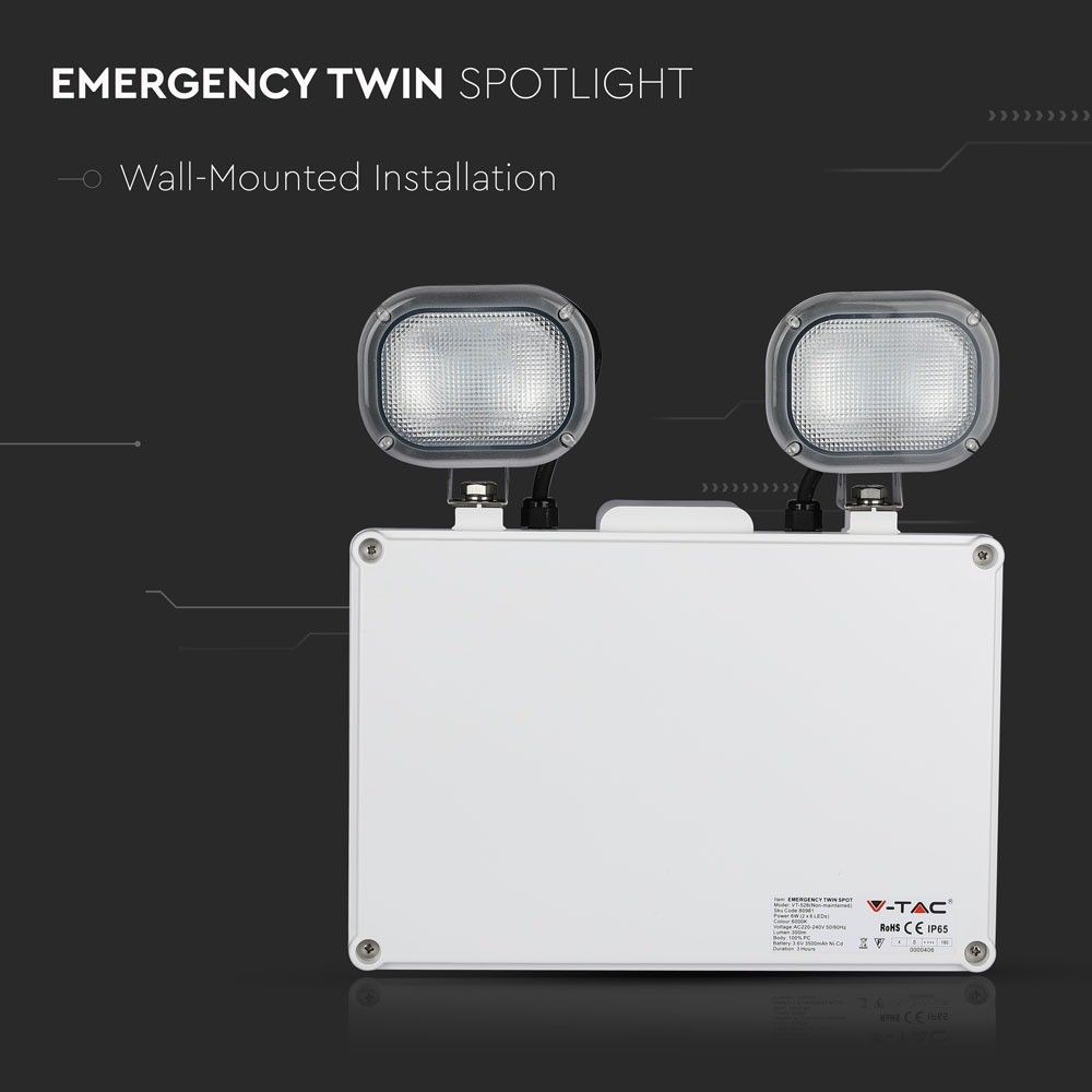 V-TAC VT-526 6W Maintained Emergency LED Twin Head Exit Light - 6000K IP65 Waterproof