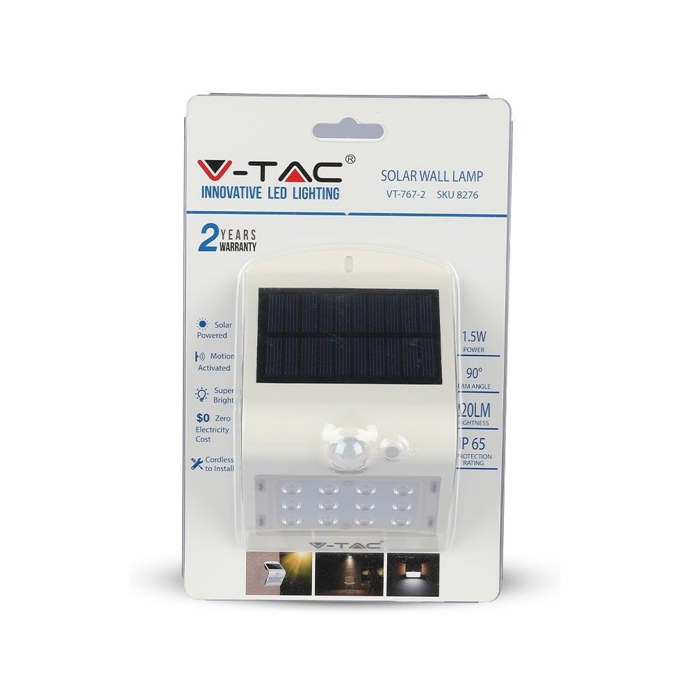 V-TAC VT-767-2  IP65 1.5W LED Outdoor Solar Wall Light - 4000K - White + Black Body Options