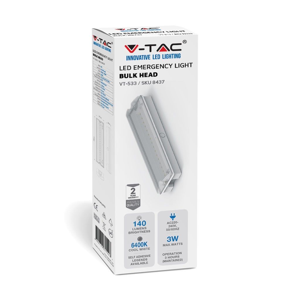 V-TAC VT-533 3W LED Emergency Bulkhead Light - 6400K  Colour Temperature - IP65- 3hr Backup