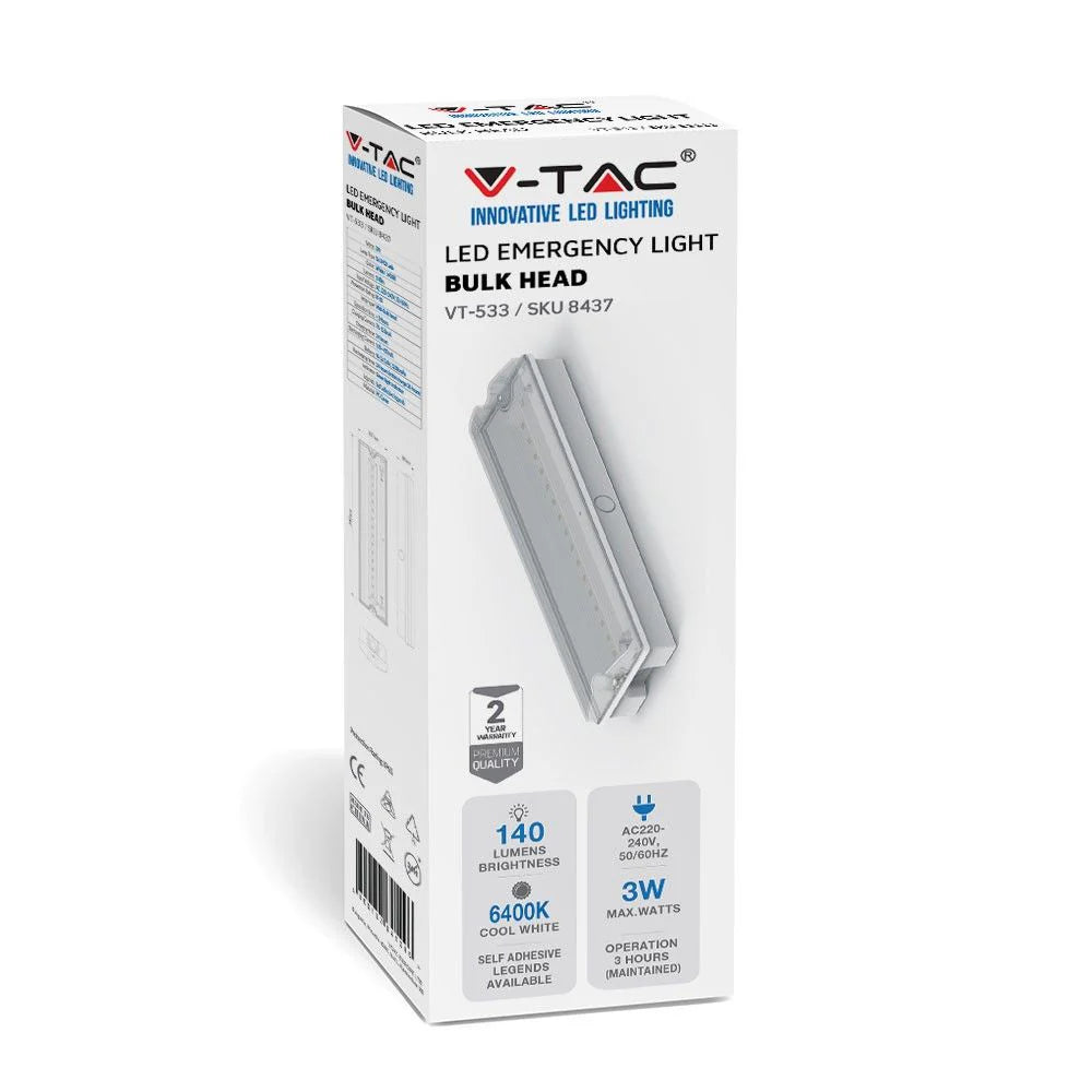 V-TAC VT-533 3W LED Emergency Bulkhead Light 6400K 3 Hours Backup IP65 Waterproof Maintained & Non-Maintained Wall & Ceiling Mount