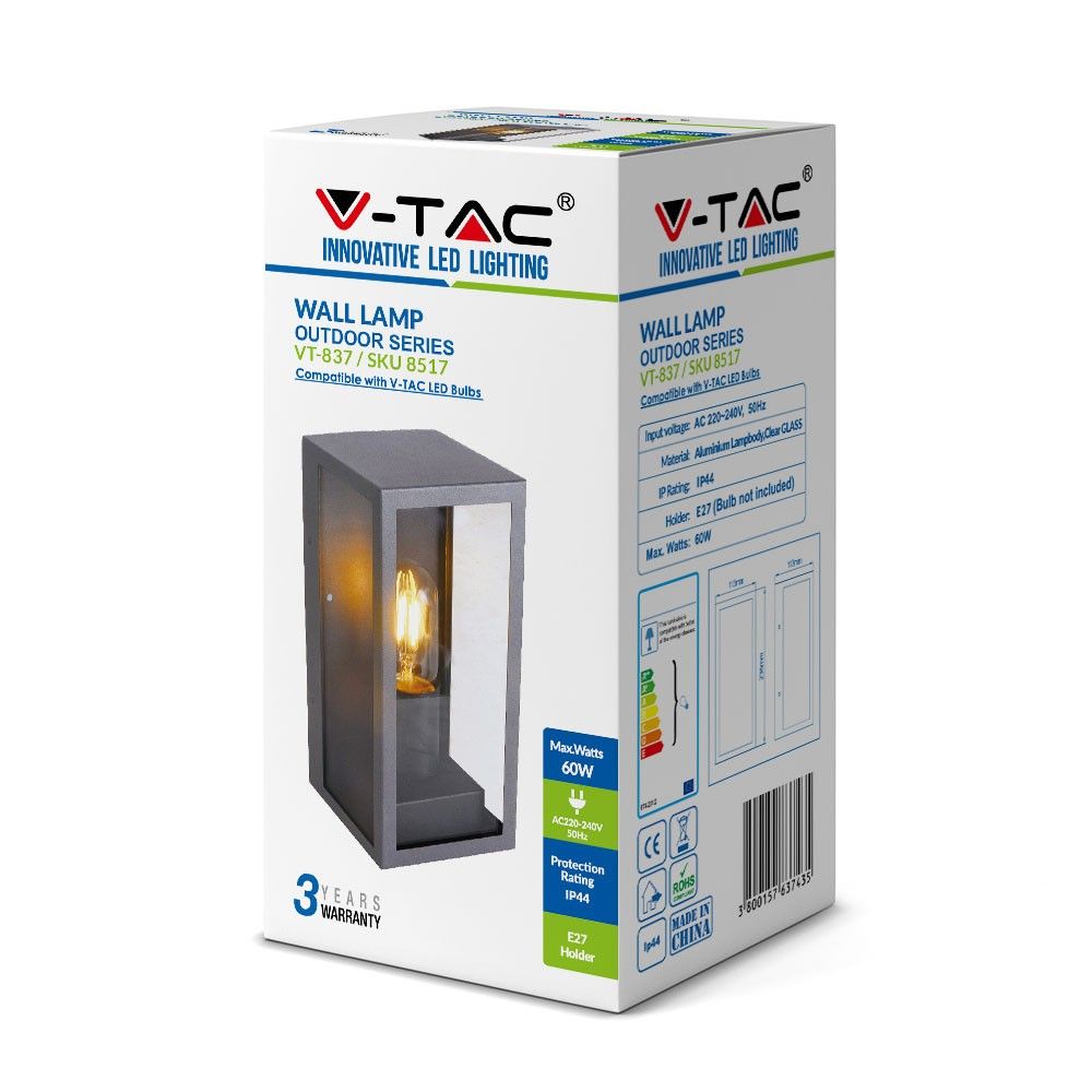 V-TAC VT-837 IP44 Weatherproof Outdoor Garden Wall Light - Matt Black, Clear Glass, Max 60W, Non-Dimmable