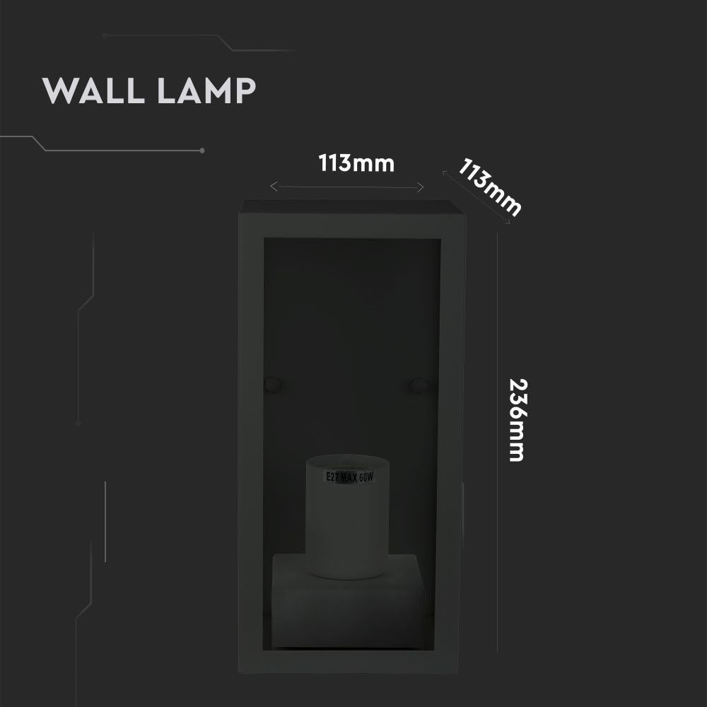 V-TAC VT-837 IP44 Weatherproof Outdoor Garden Wall Light - Matt Black, Clear Glass, Max 60W, Non-Dimmable