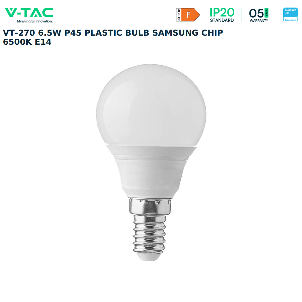 VTAC VT-270 6.5W Golf Ball LED P45 Plastic Bulb, E14 Base, 6500K, Non-Dimmable, Pack of 10