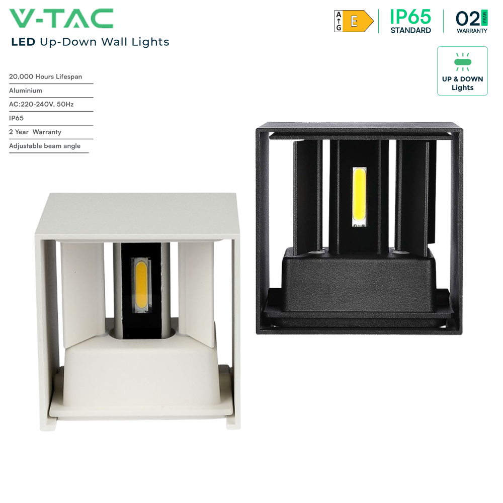 V-TAC VT-759 5W-11W IP65 Wall Lamp with Bridgelux Chip – Waterproof, Indoor/Outdoor Use, Black/White Square Design