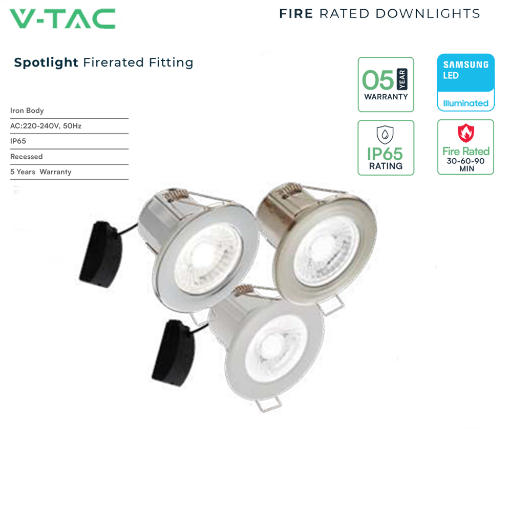 VTAC Fire Rated Downlight VT-885 5W Dimmable LED Spotlight  IP65 with Samsung Chip – Available in Chrome, Nickel, White & Color Temperatures