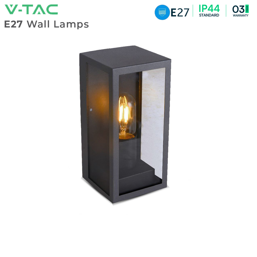 V-TAC VT-837 IP44 Weatherproof Outdoor Garden Wall Light - Matt Black, Clear Glass, Max 60W, Non-Dimmable