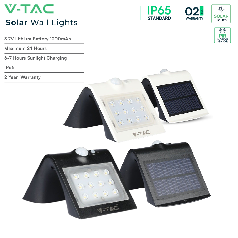 V-TAC VT-767-2  IP65 1.5W LED Outdoor Solar Wall Light - 4000K - White + Black Body Options