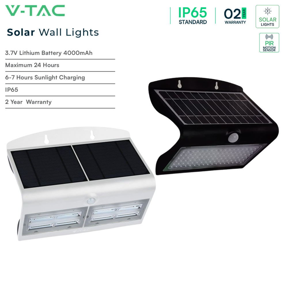 V-TAC VT-767-  PIR Motion Sensor IP65 Outdoor LED Solar Wall Light 4000K – 7W- 8W Waterproof, Black/White Body