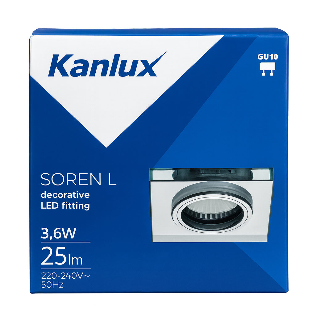 Kanlux SOREN Glass Recessed GU10 Downlight/Spotlight Holder with Decorative LED Halo – Square & Round, 3000K/6500K