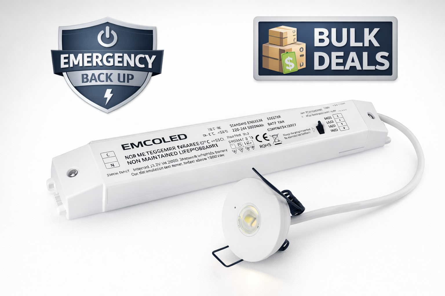 Emco EMLED3NM 3W LED Emergency Downlight | Mini Pin Spot | Non-Maintained | IP20 | Battery Backup | 4000–4500K | Pack Options