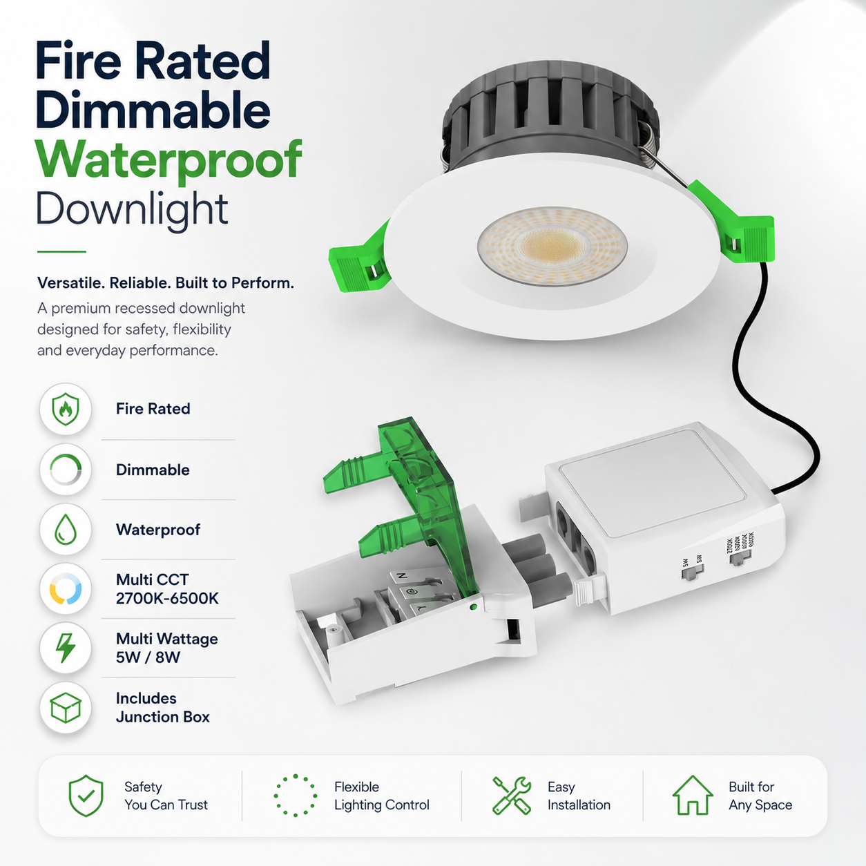 V-TAC 5W/8W IP65 Fire Rated LED Downlight Dimmable Multi CCT – White, Black, Chrome, Brass & Copper Bezels
